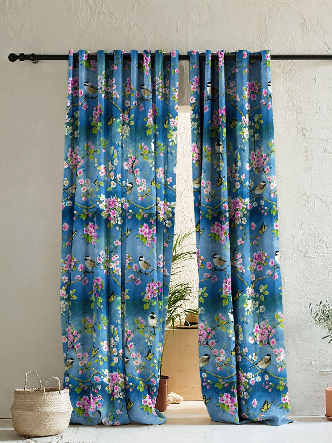 

SPACES Elegent Blue & Pink Set of 2 Floral Room Darkening Window Curtain
