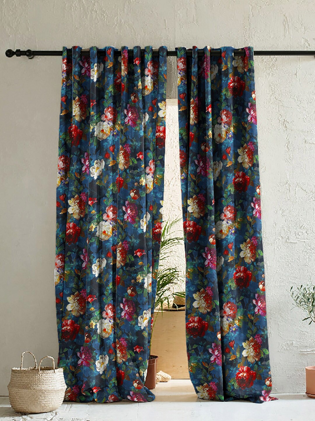 

SPACES Blue & Red Set of 2 Floral Room Darkening Door Curtain