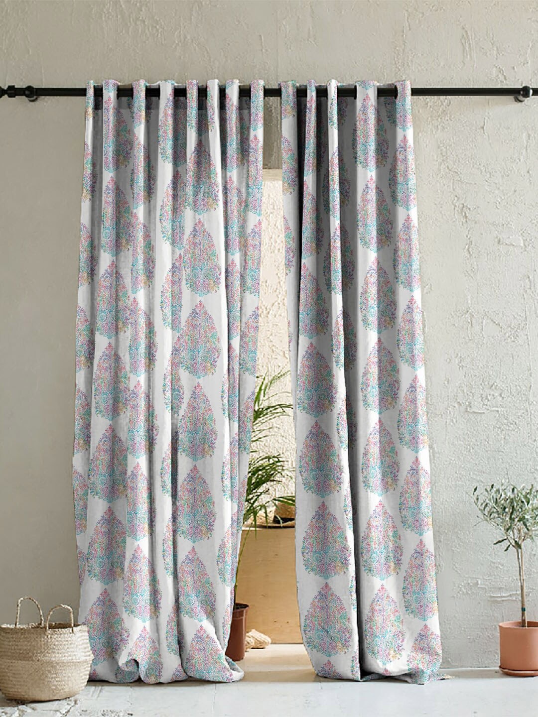 

SPACES Elegent White & Pink Set of 2 Ethnic Motifs Room Darkening Long Door Curtain