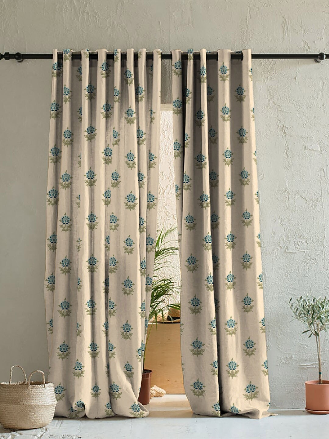 

SPACES Elegent Teal & Beige Set of 2 Floral Room Darkening Long Door Curtain