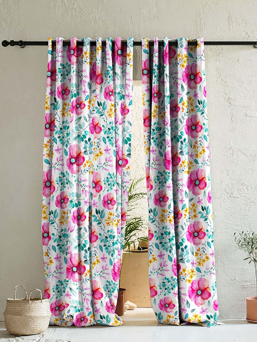 

SPACES Elegent White & Pink Set of 2 Floral Room Darkening Long Door Curtain