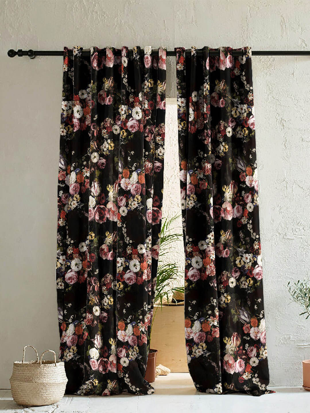 

SPACES Elegent Black & Pink Set of 2 Floral Room Darkening Door Curtain
