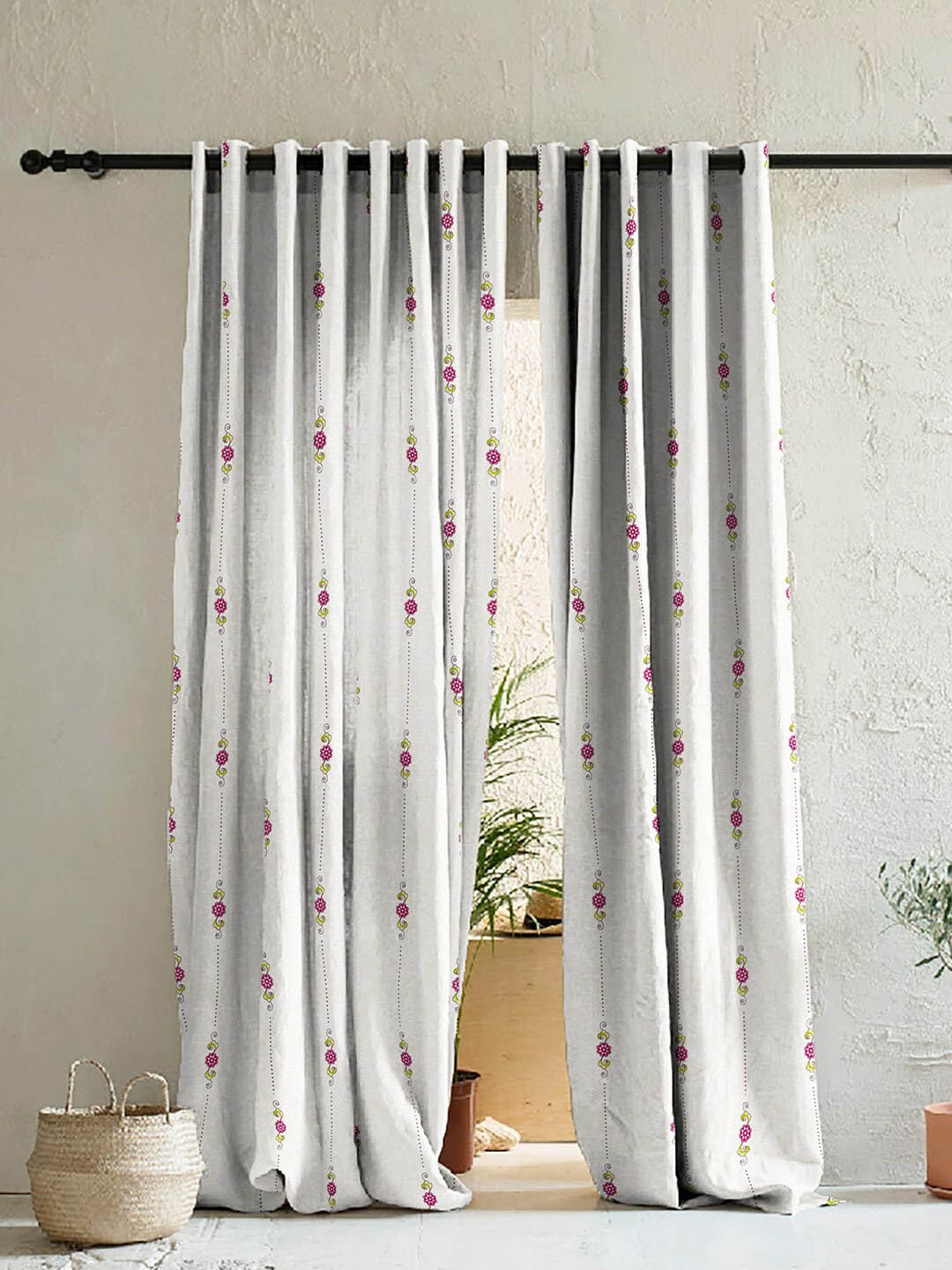 

SPACES Elegent Beige & Pink Set of 2 Floral Room Darkening Long Door Curtain
