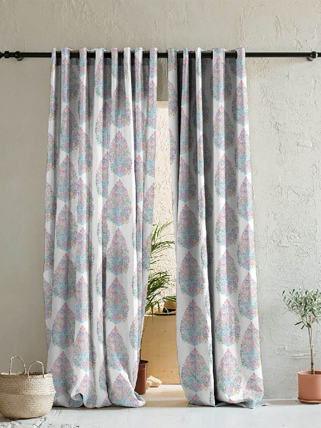 

SPACES Elegent White & Pink Set of 2 Ethnic Motifs Room Darkening Door Curtain