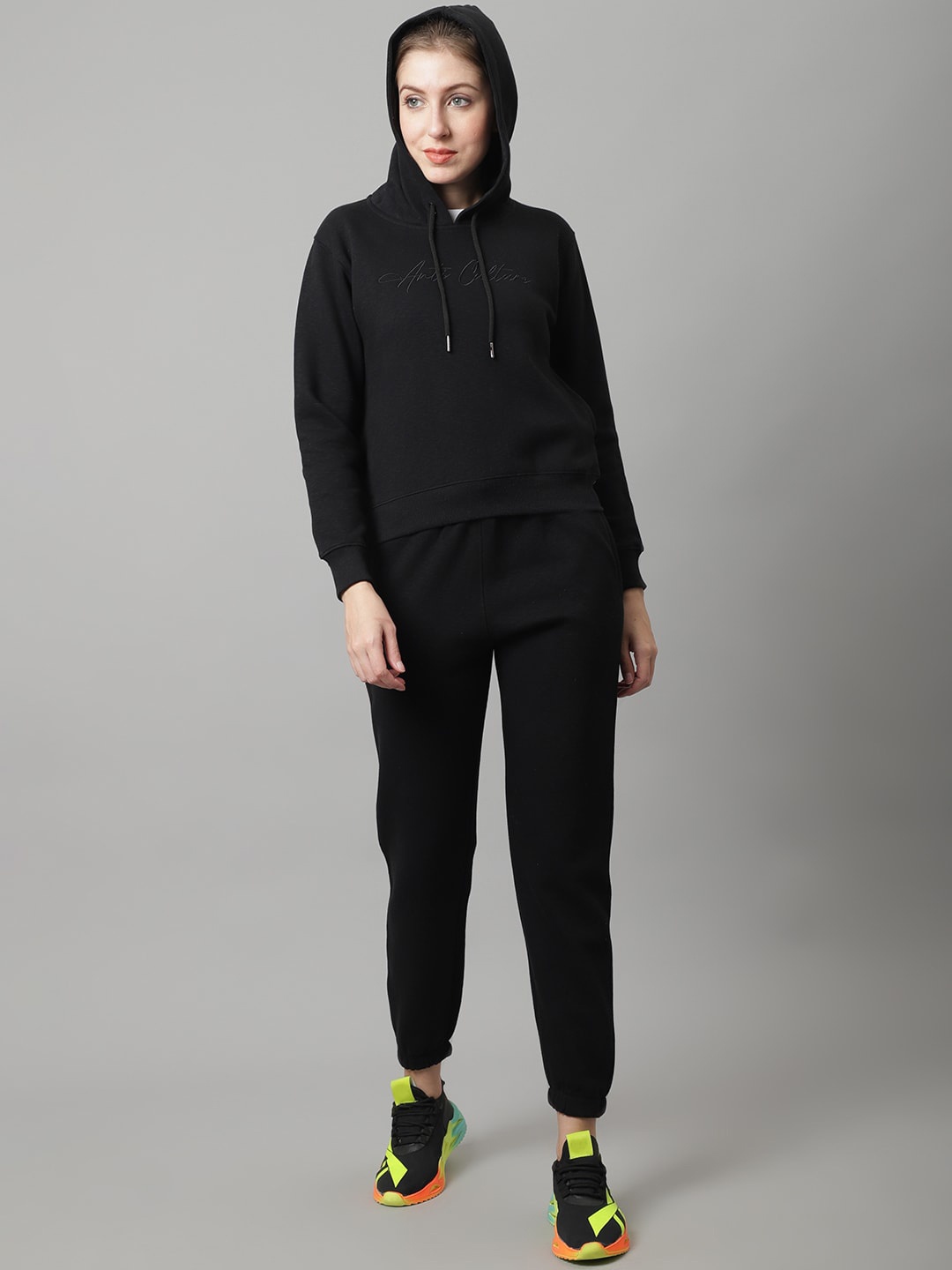 

ANTI CULTURE Women Black Solid Hooded Tracksuit