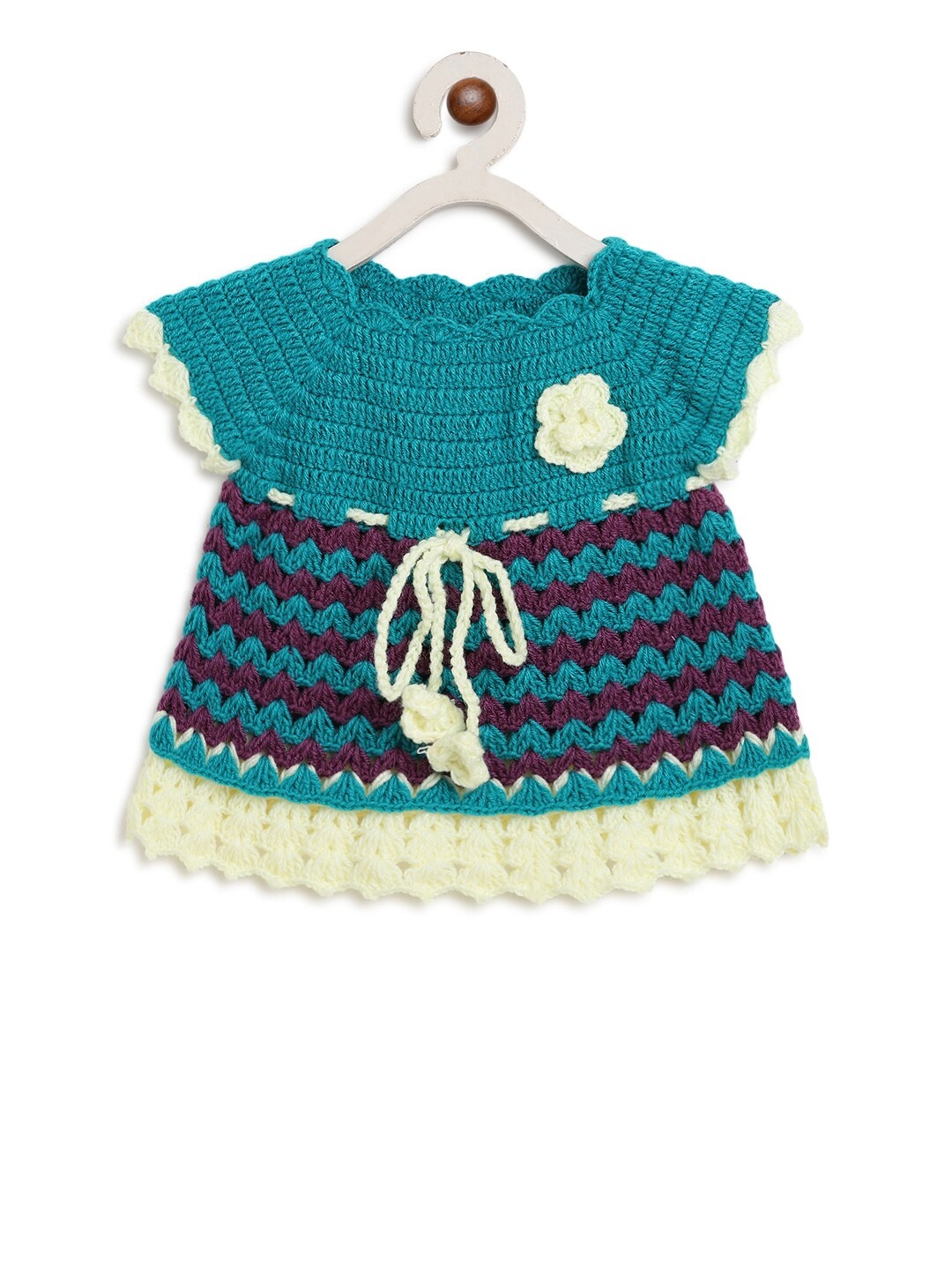 

CHUTPUT Girls Teal & Purple Pure Wool A-Line Round Neck Pure Wool Dress