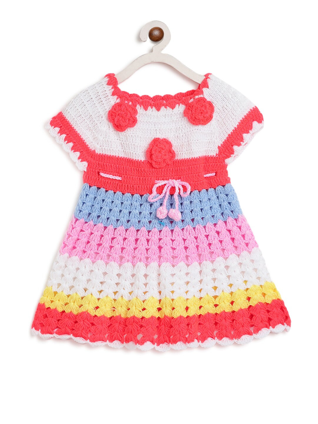 

CHUTPUT Girls White & Red Round Neck Pure Wool A-Line Dress