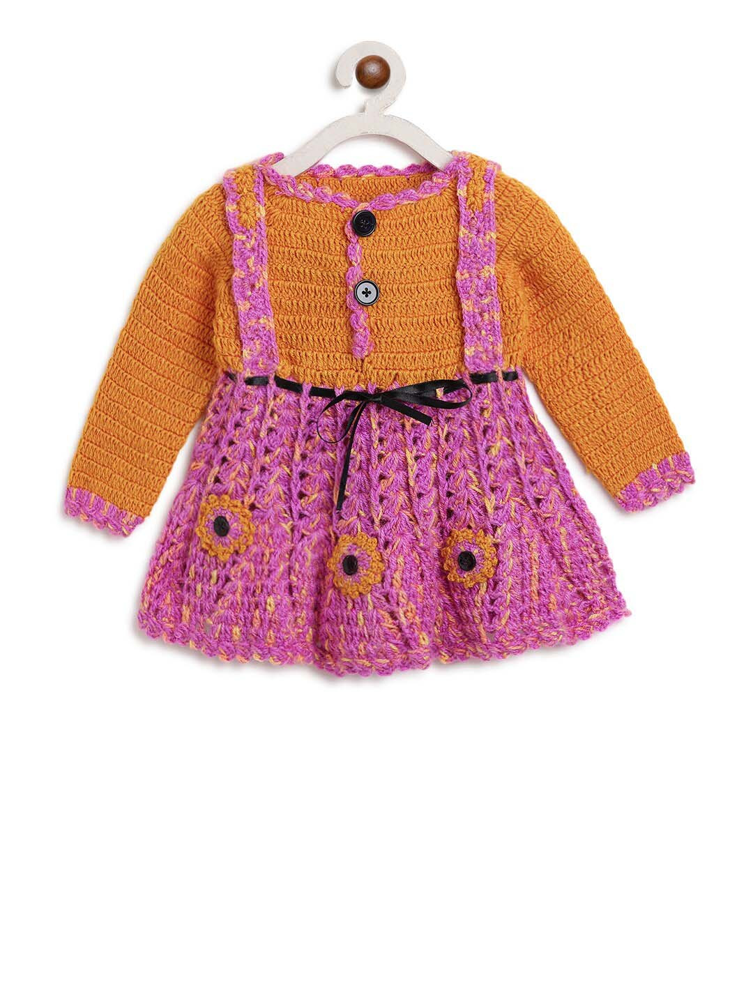 

CHUTPUT Girls Pink & Brown Fit & Flare Self Design Pure Wool Dress
