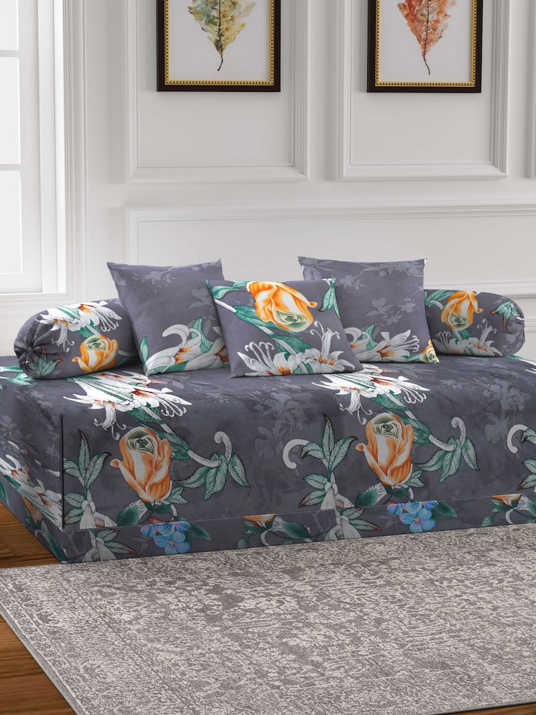 

KLOTTHE Set Of 6 Grey & Blue Floral Printed Diwan Set