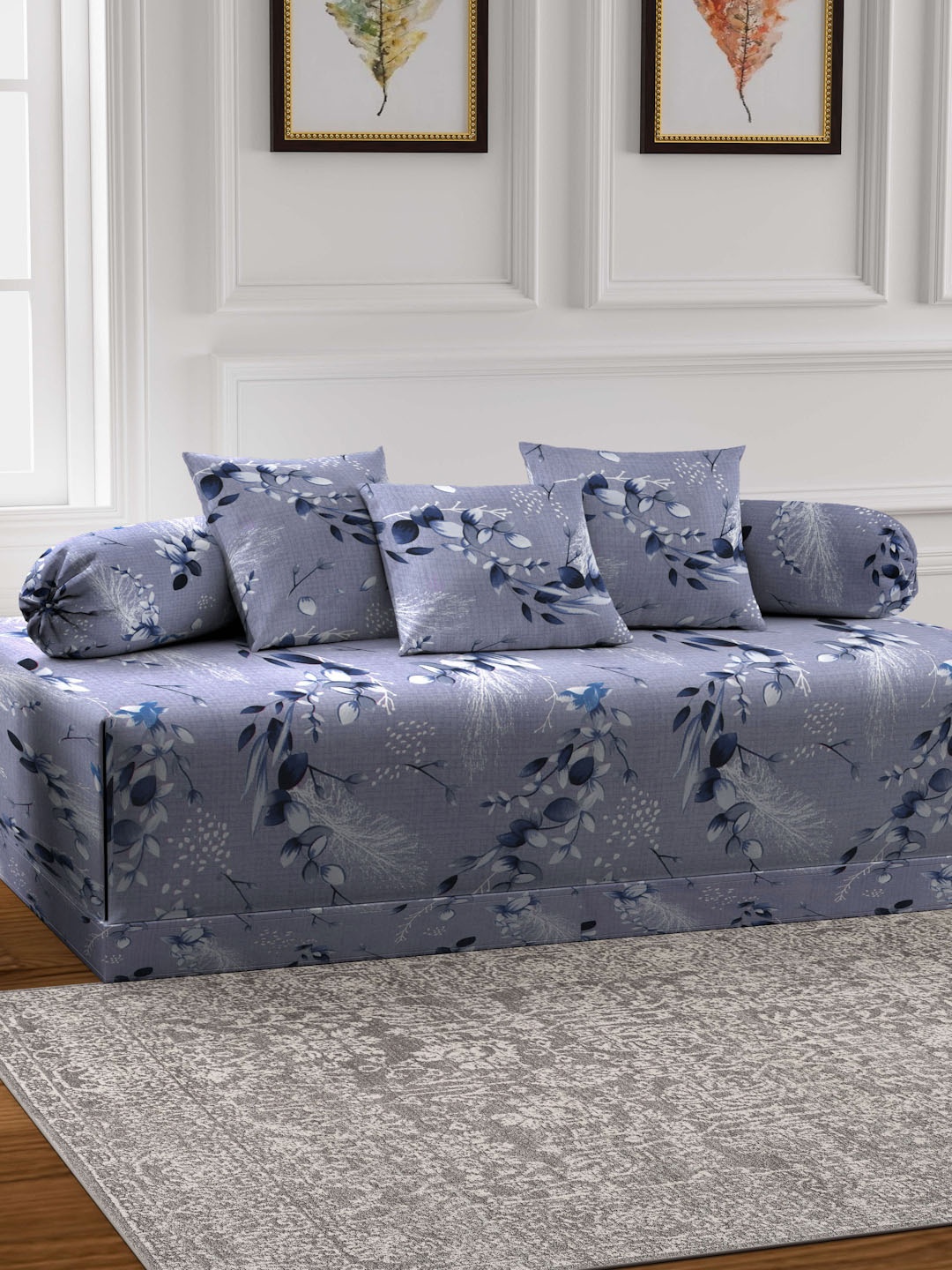 

KLOTTHE Set Of 6 Grey & Blue Printed Diwan Set
