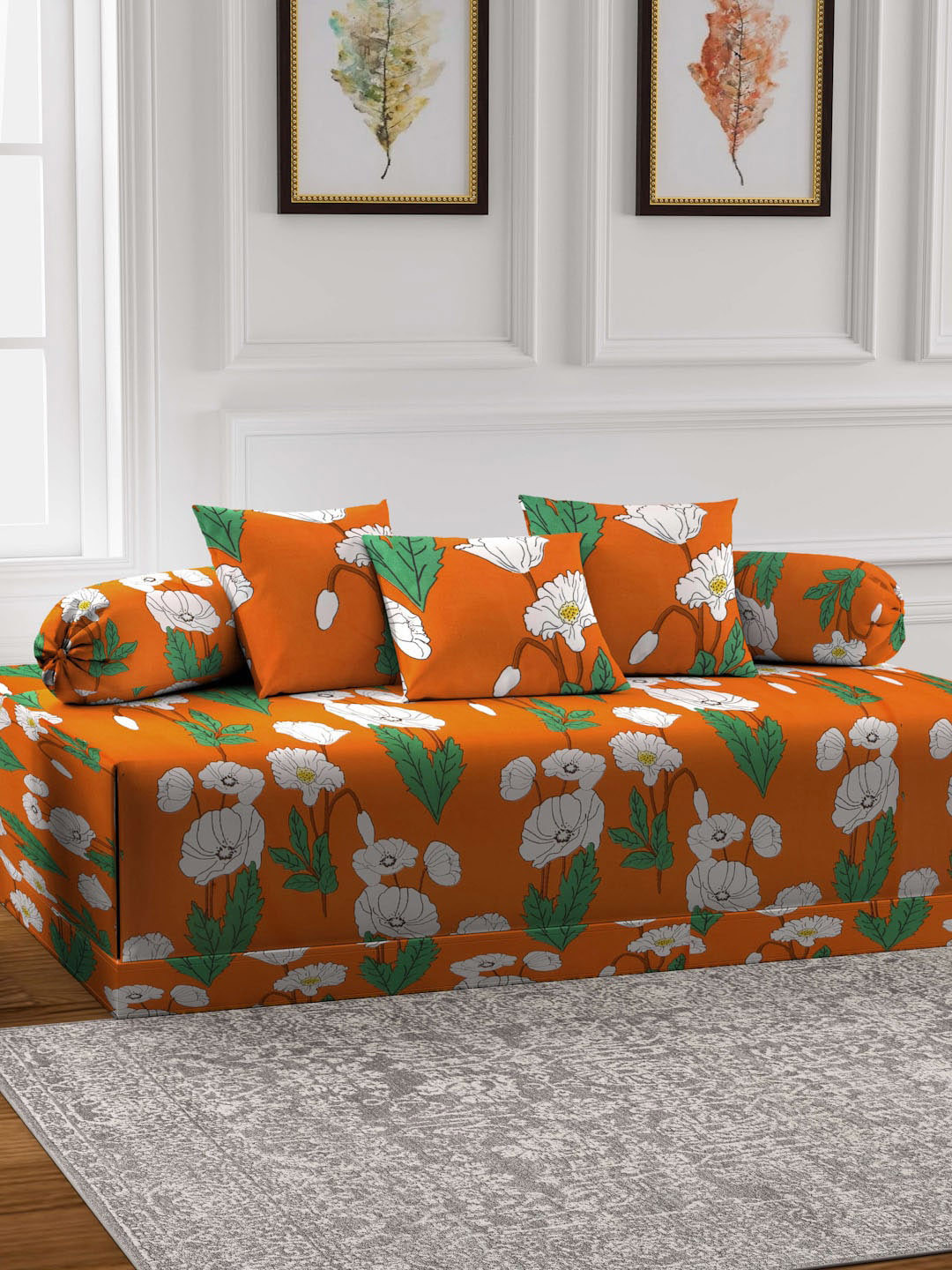 

KLOTTHE Set Of 6 Orange & Green Printed Diwan Set