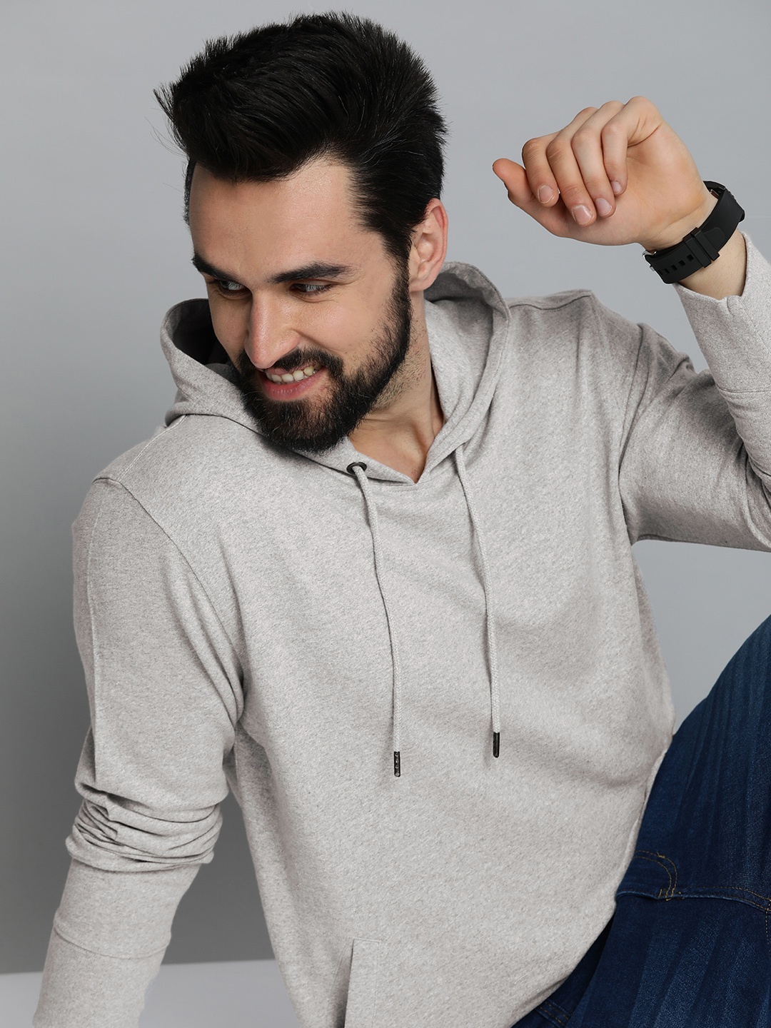 

HERE&NOW Grey Melange Solid Hooded Sweatshirt
