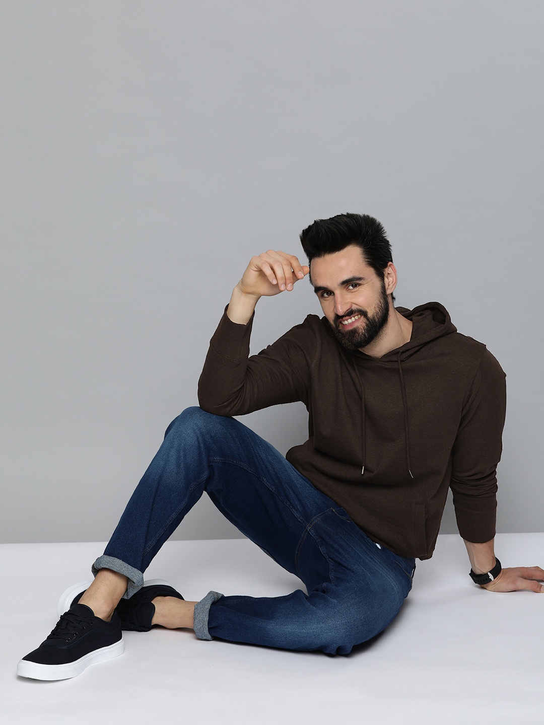 

HERE&NOW Brown Solid Hooded Sweatshirt