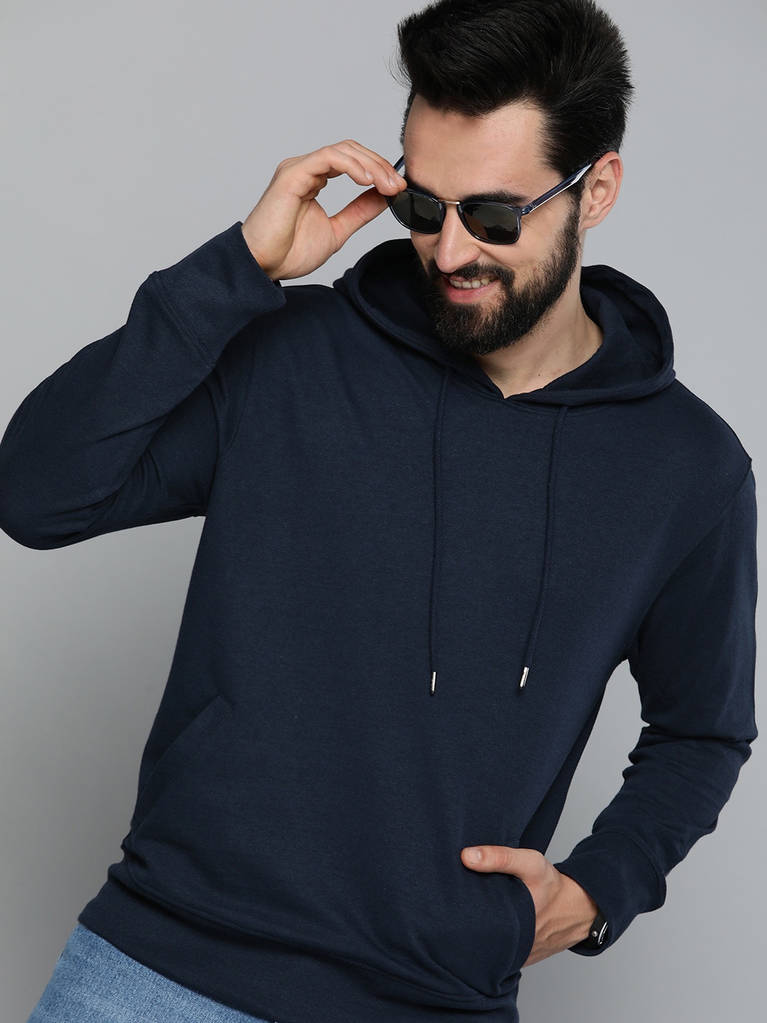 

HERE&NOW Navy Blue Solid Hooded Sweatshirt