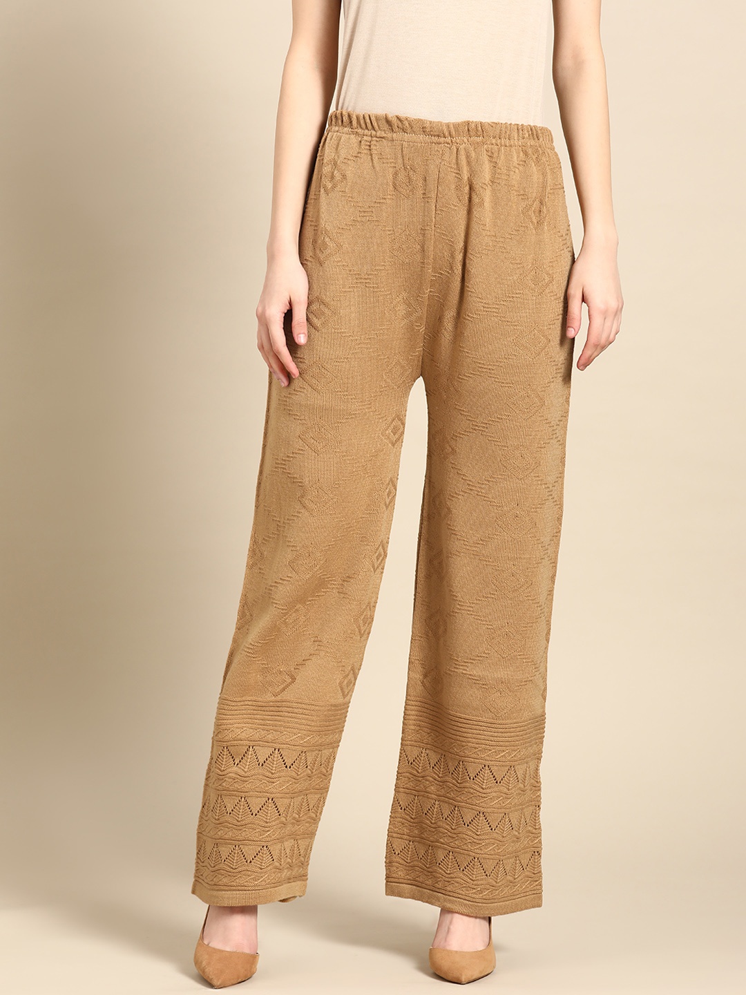

Saadgi Women Beige Geometric Woollen Straight Crochet Palazzos