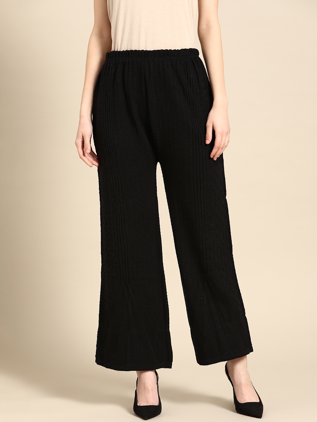 

Saadgi Women Black Flared Woollen Crochet Palazzos