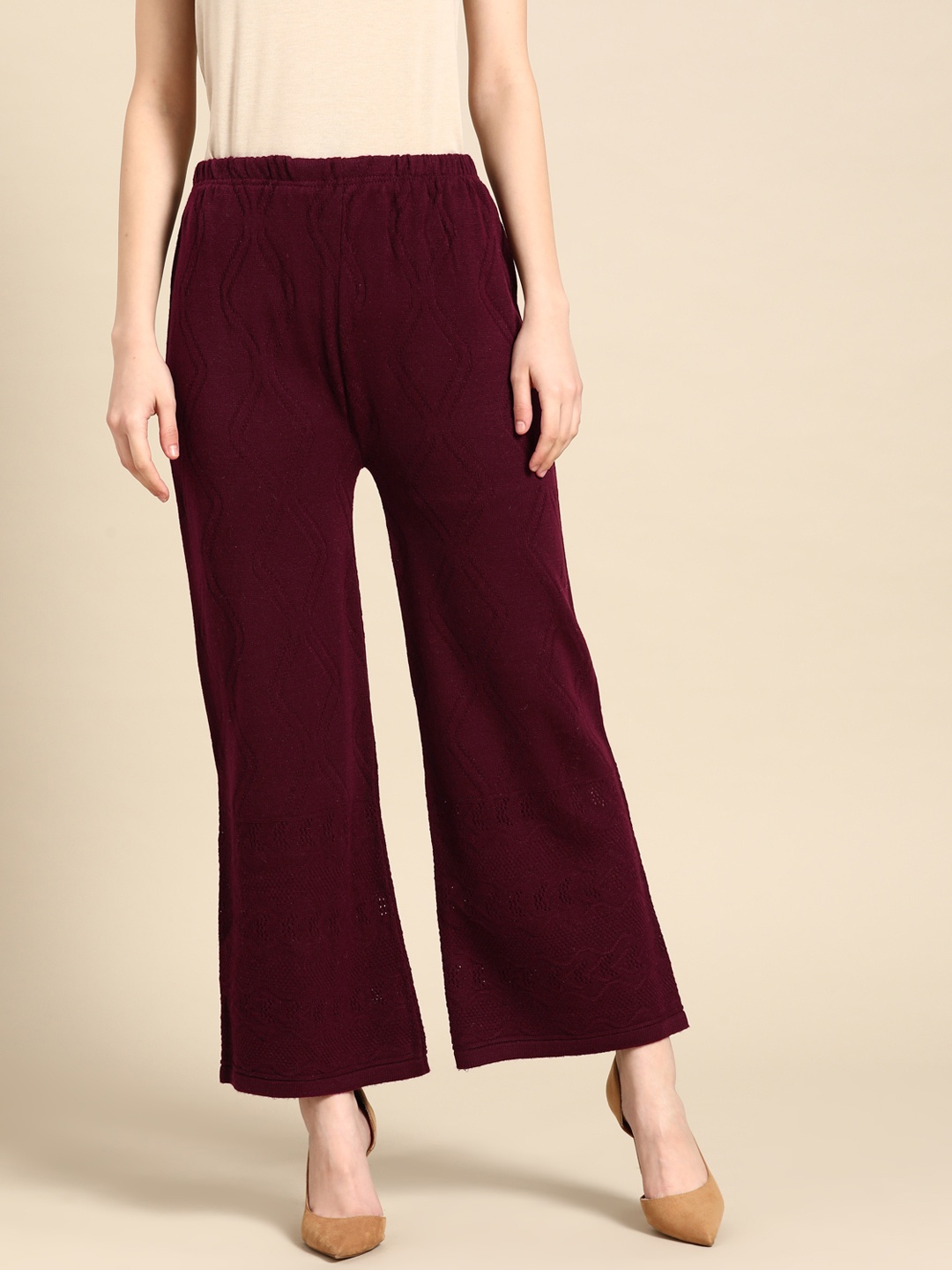 

Saadgi Women Burgundy Flared Woollen Crochet Palazzos