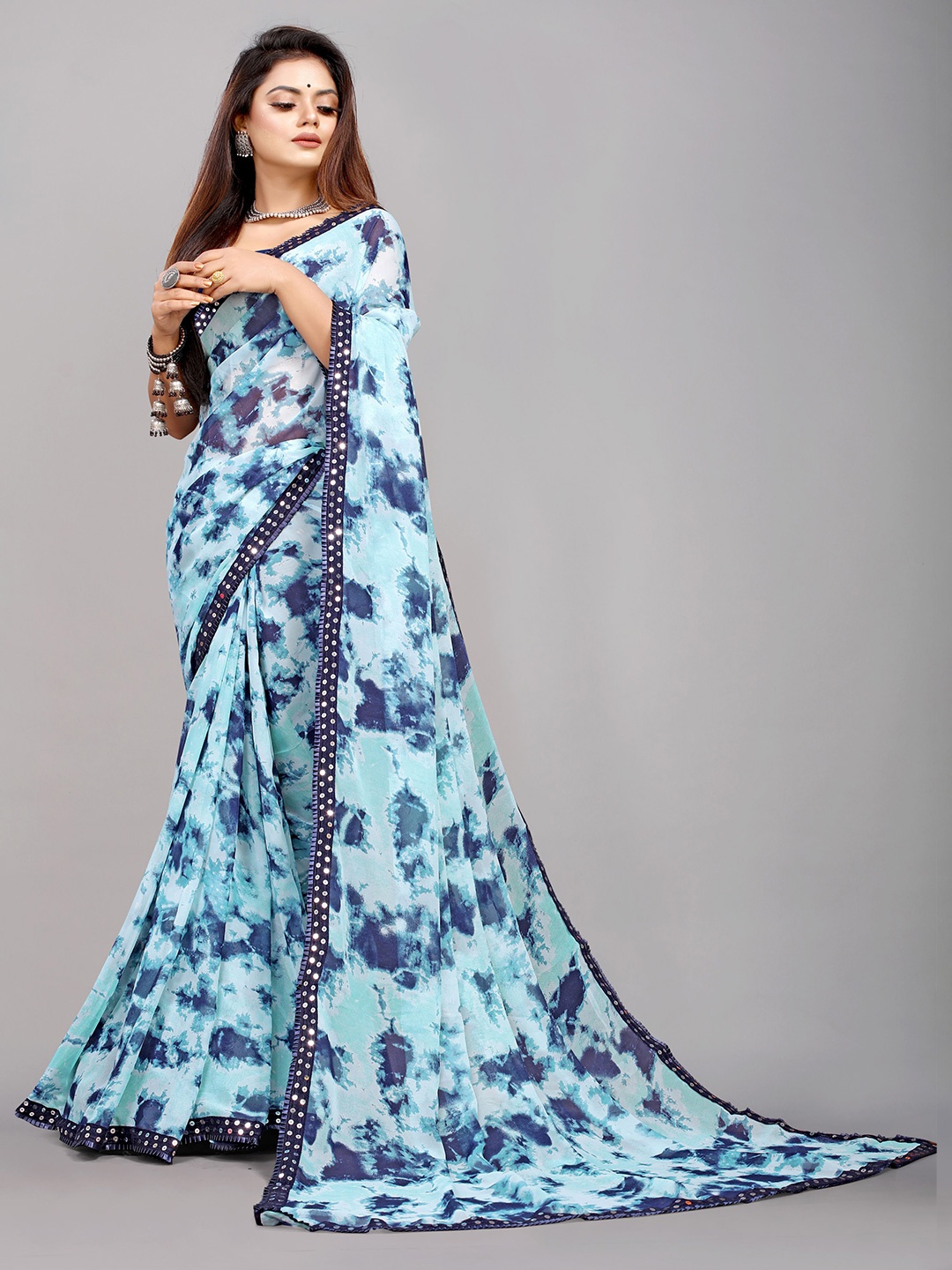 

B4ME COM Turquoise Blue & Black Printed Pure Georgette Block Print Saree