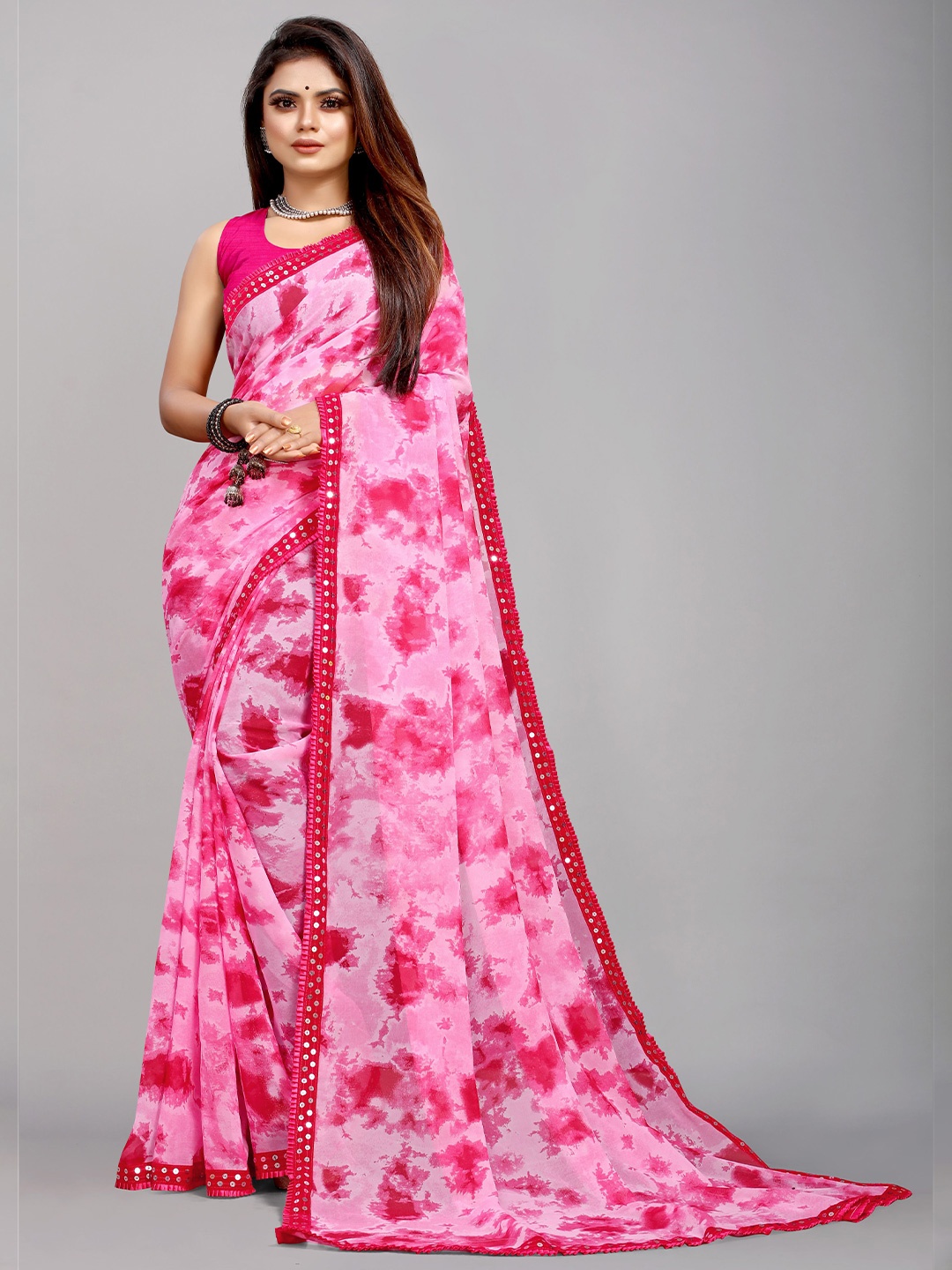 

B4ME COM Pink Printed Pure Georgette Block Print Saree
