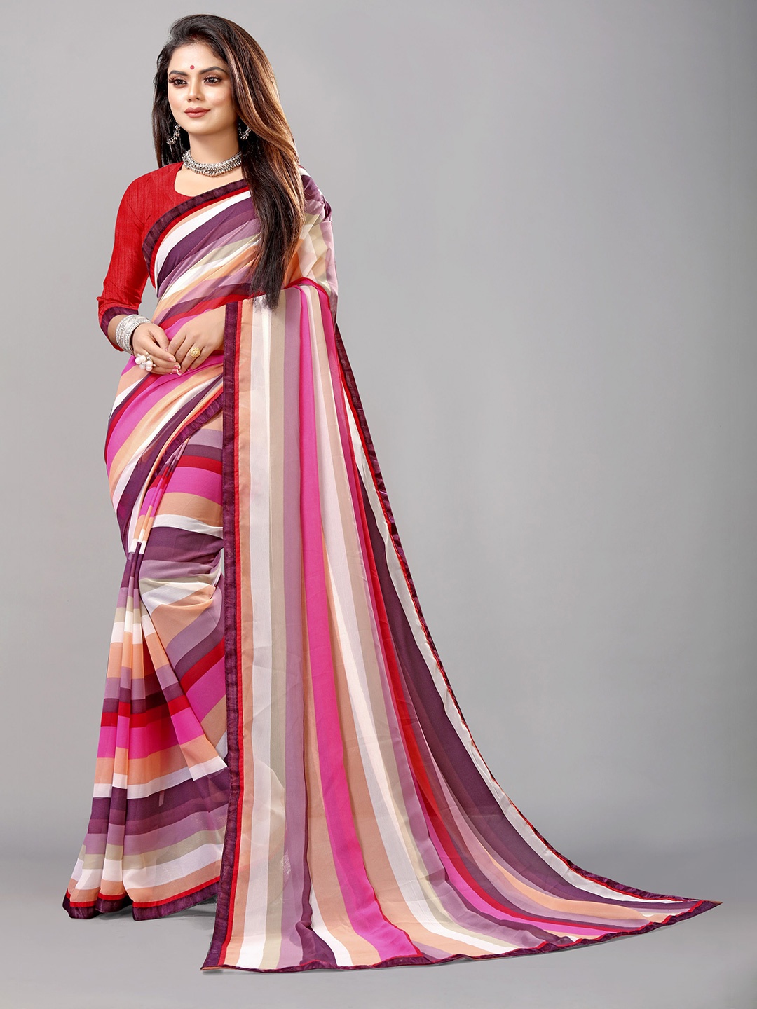 

B4ME COM Pink & Beige Striped Pure Georgette Leheriya Saree