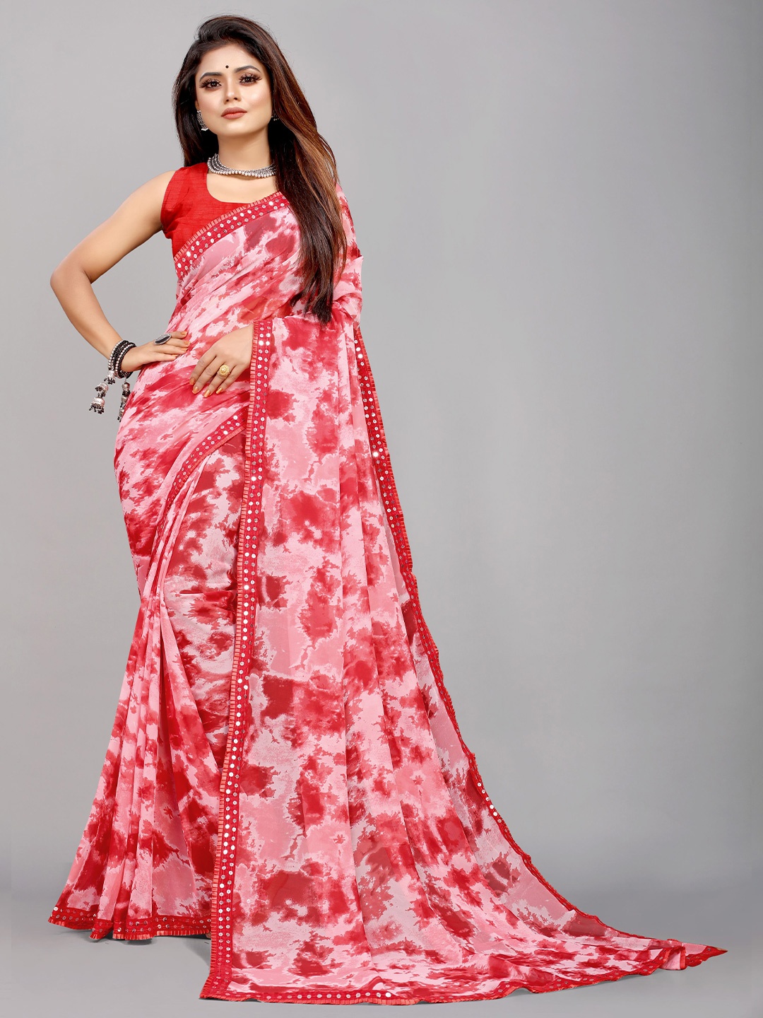 

B4ME COM Red Printed Pure Georgette Block Print Saree