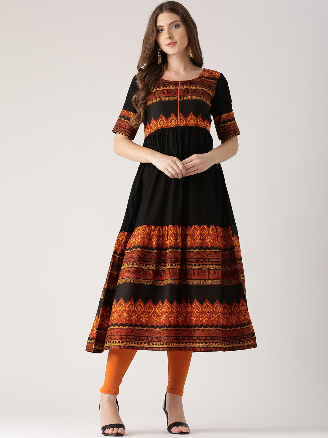 

Libas Women Black & Orange Printed Anarkali Kurta