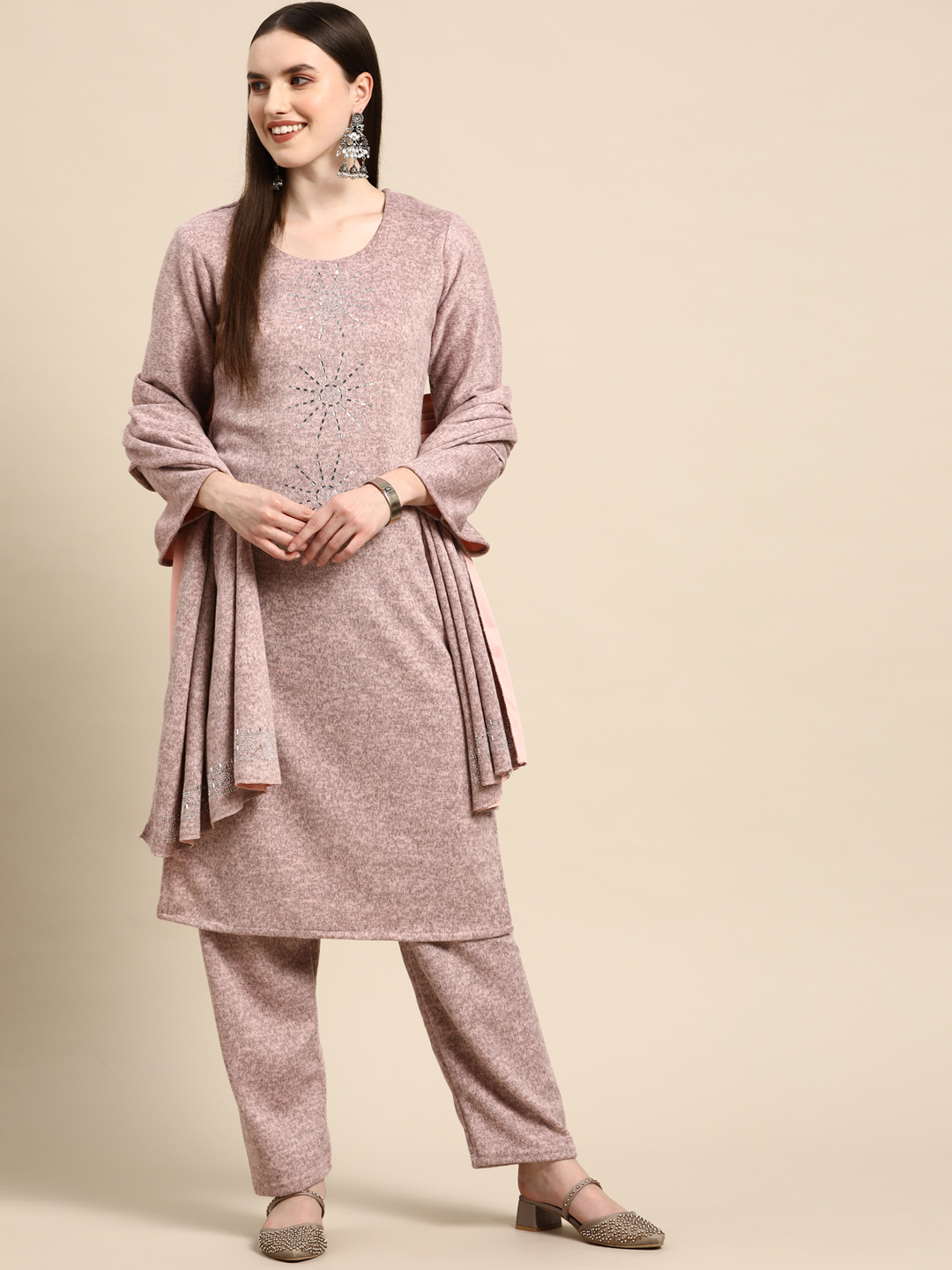 

Saadgi Women Pink Beads & Stones Velvet Woollen Kurta with Trousers & With Dupatta