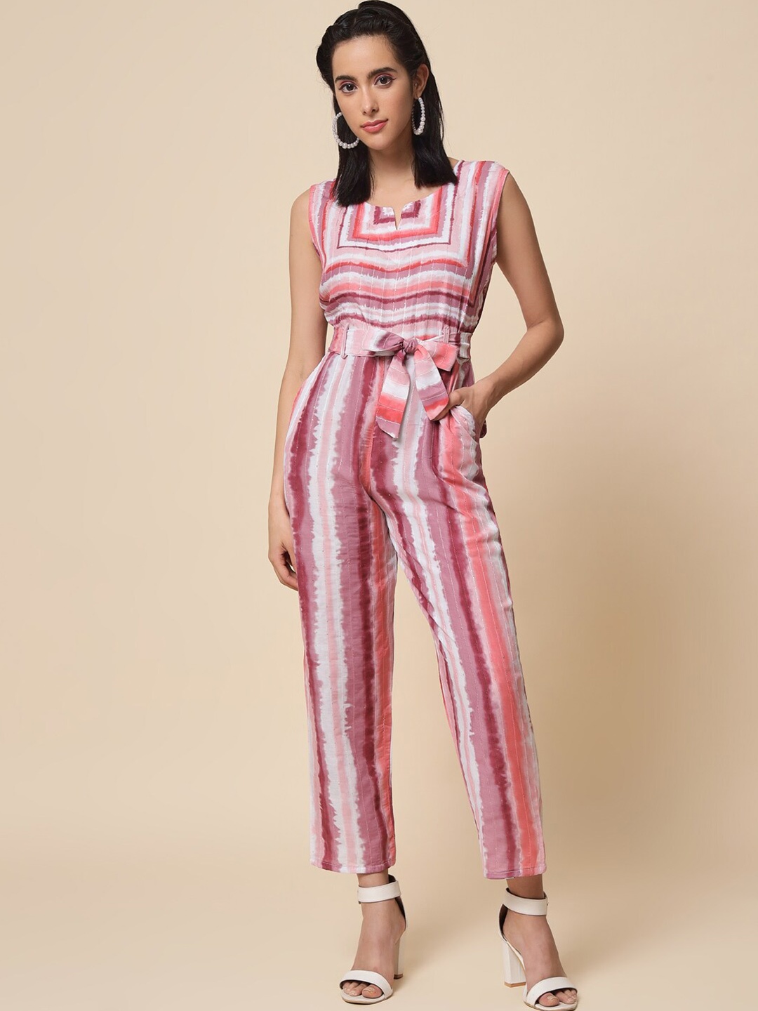 

heemara White & Pink Cotton Printed Basic Jumpsuit