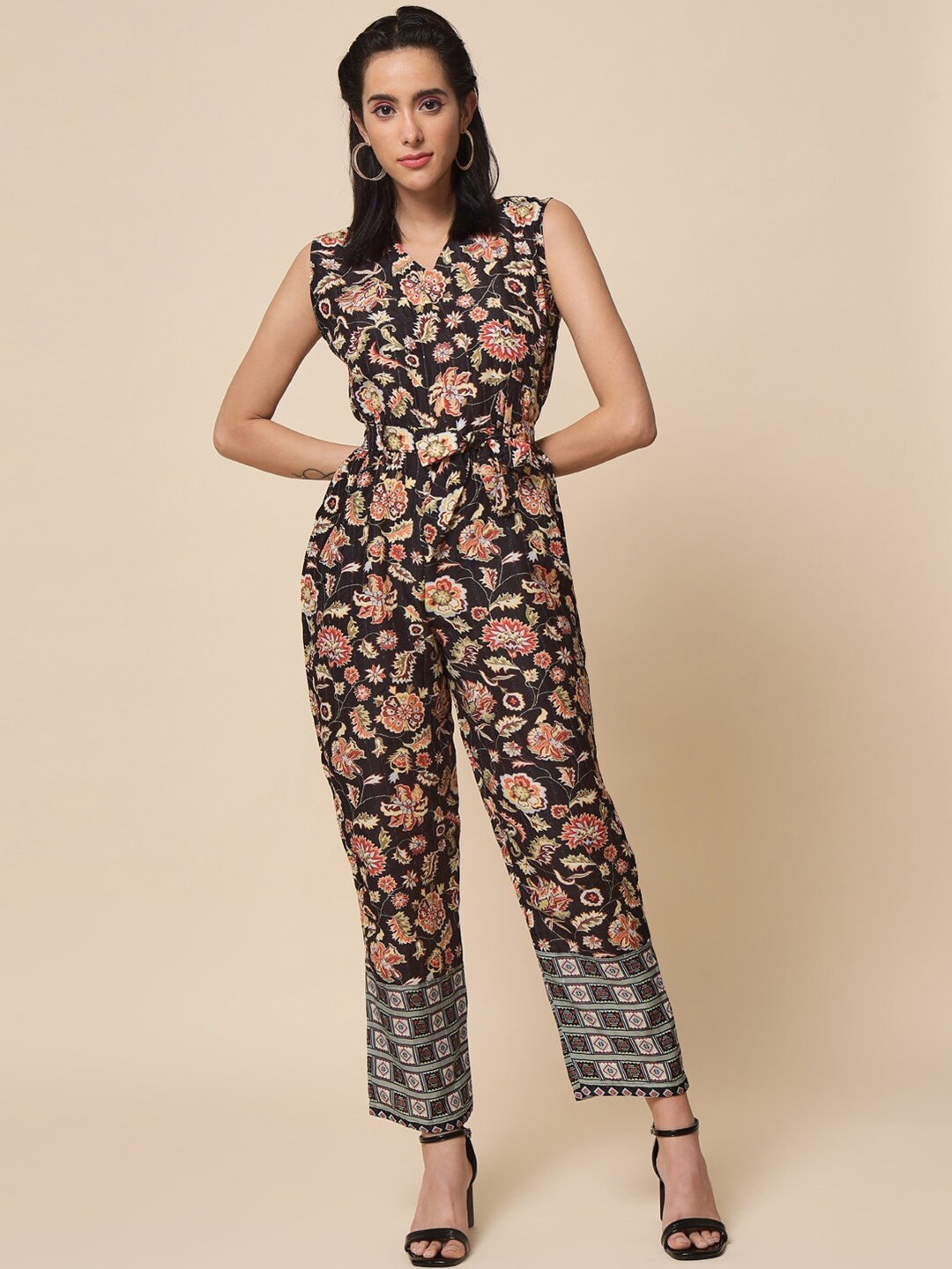 

heemara Black & Coral Cotton Printed Basic Jumpsuit