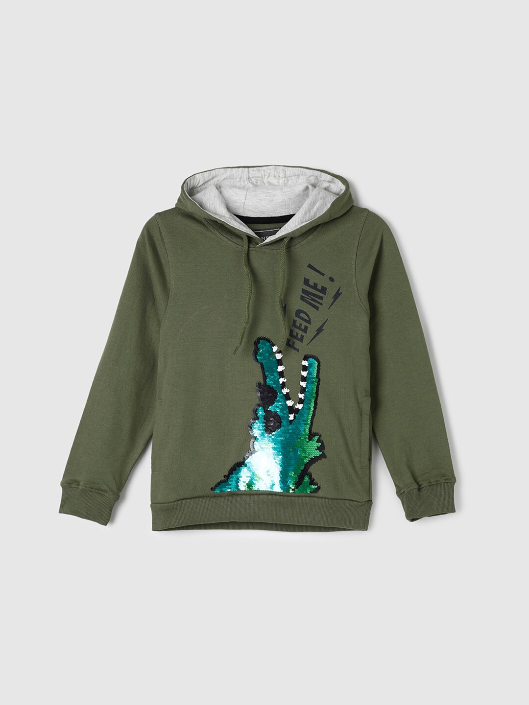 

max Boys Green Printed Hooded Cotton Sweatshirt