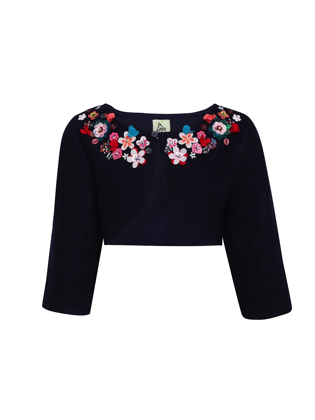 

A Little Fable Girls Navy Blue & Pink Self Design Wool Crop Shrug