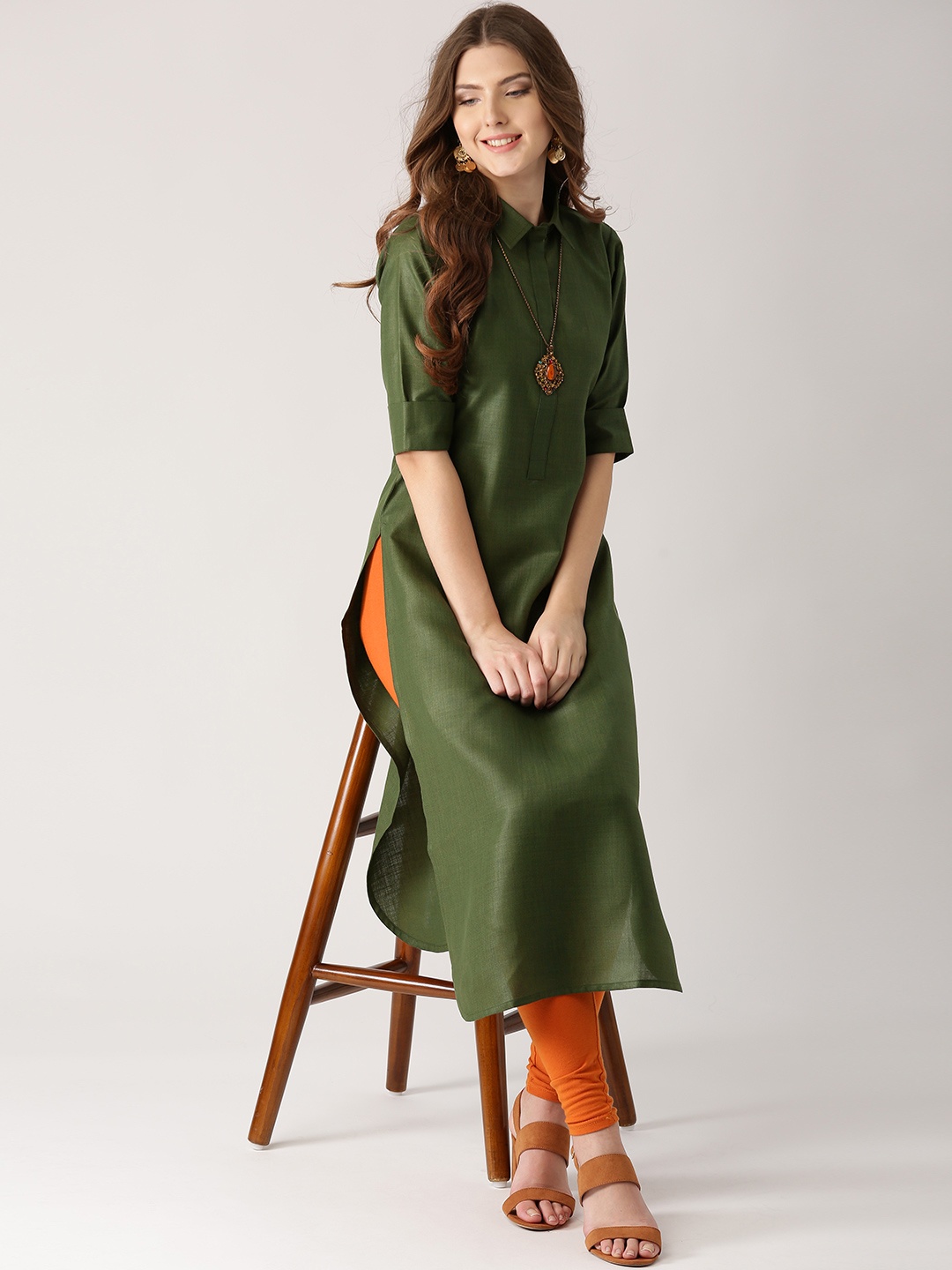 

Libas Women Olive Green Solid Pathani Kurta