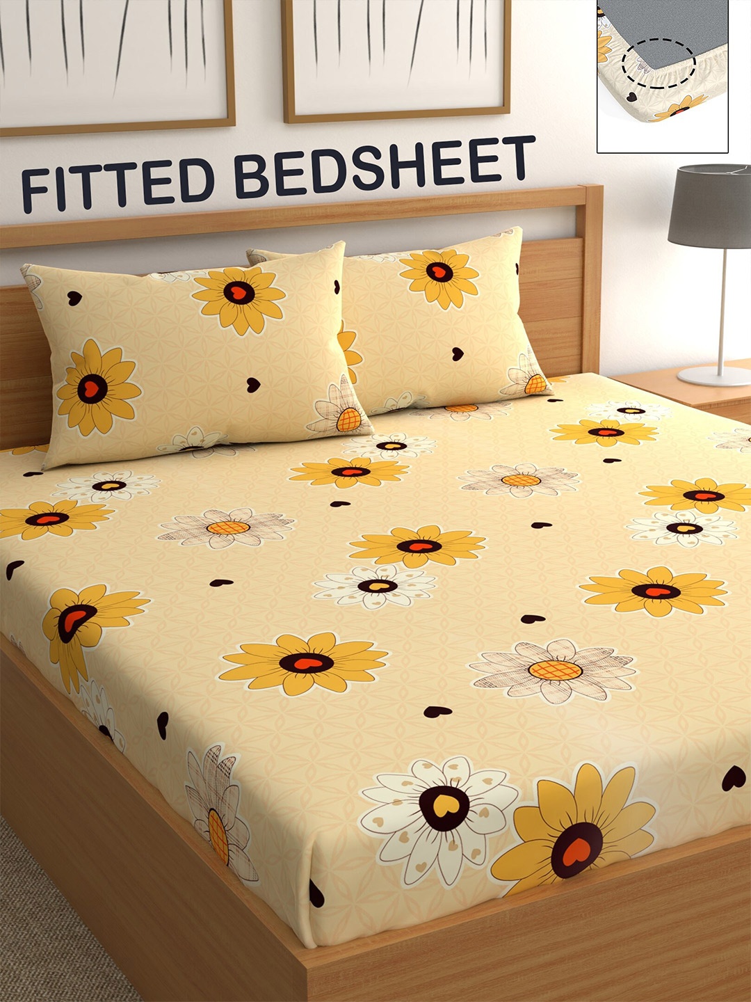 

CHHAVI INDIA Yellow & White Floral Printed 210 TC Queen Bedsheet with 2 Pillow Covers