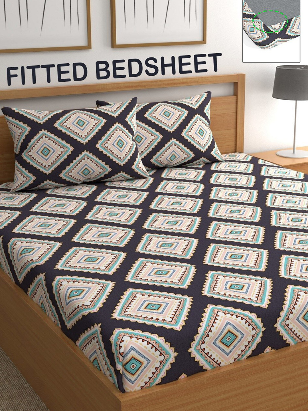 

CHHAVI INDIA Black & Beige Printed 210 TC Fitted Queen Bedsheet with 2 Pillow Covers