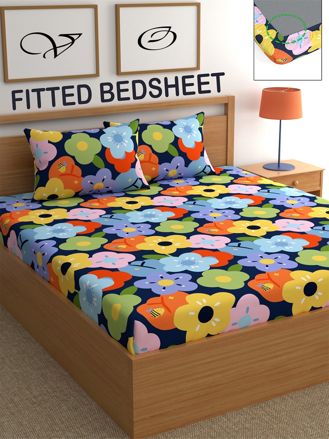 

CHHAVI INDIA Blue Floral Printed 210 TC Fitted Queen Bedsheet with 2 Pillow Covers