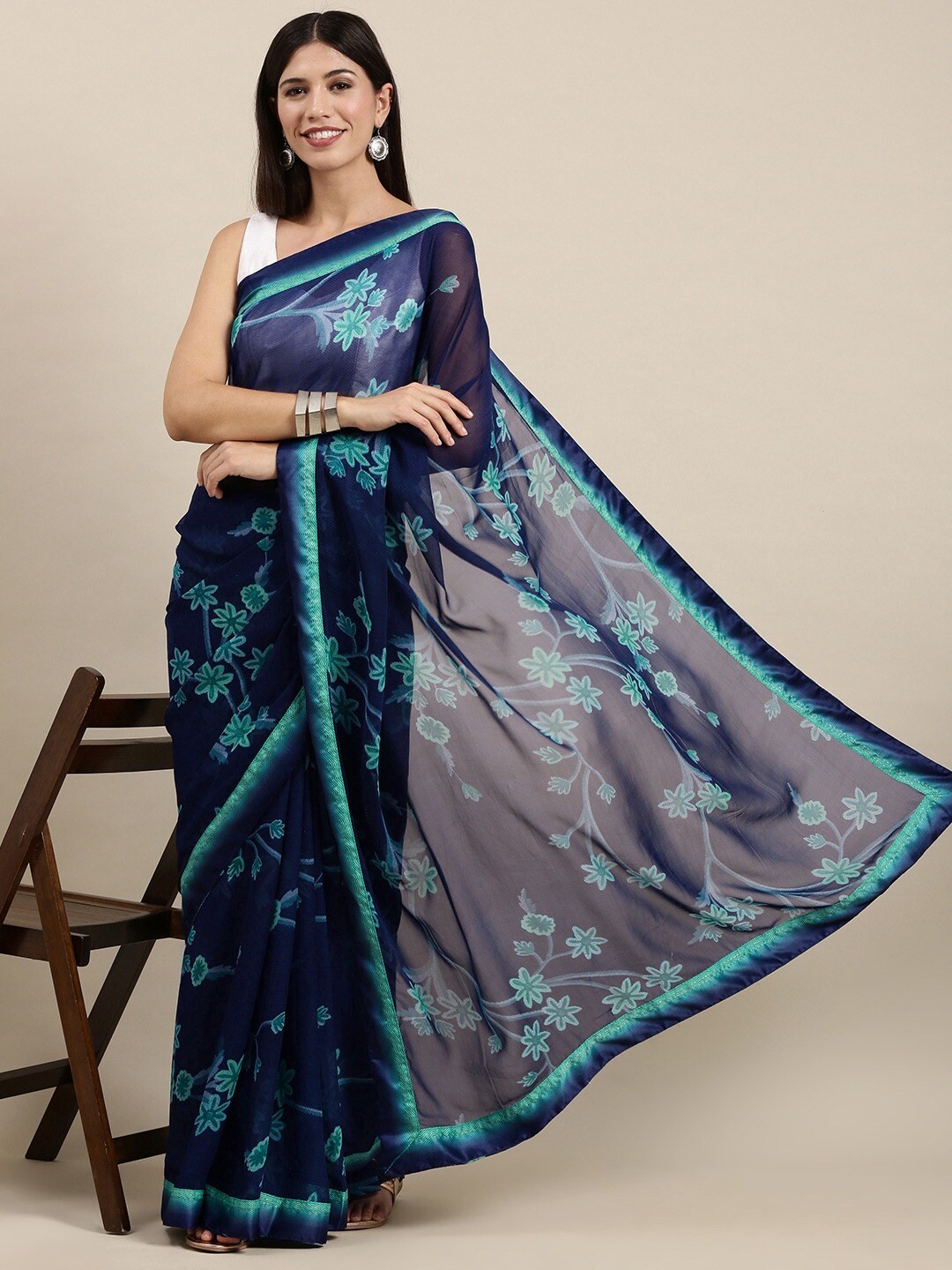 

Zainab chottani Navy Blue & Green Floral Pure Georgette Block Print Saree