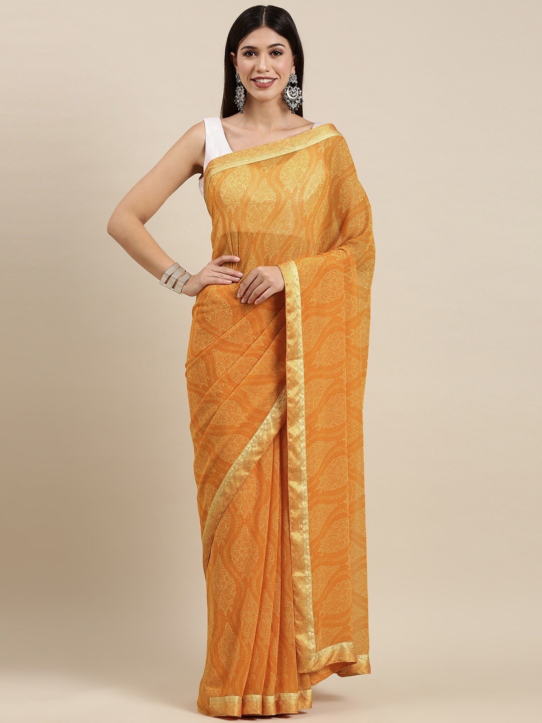 

Zainab chottani Orange & Gold-Toned Pure Georgette Block Print Saree