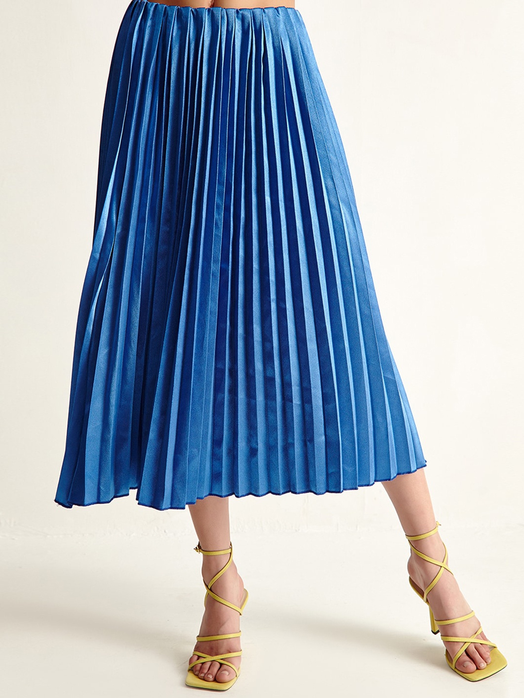 

COVER STORY Women Blue Satin Pleated A-line Midi Skirt