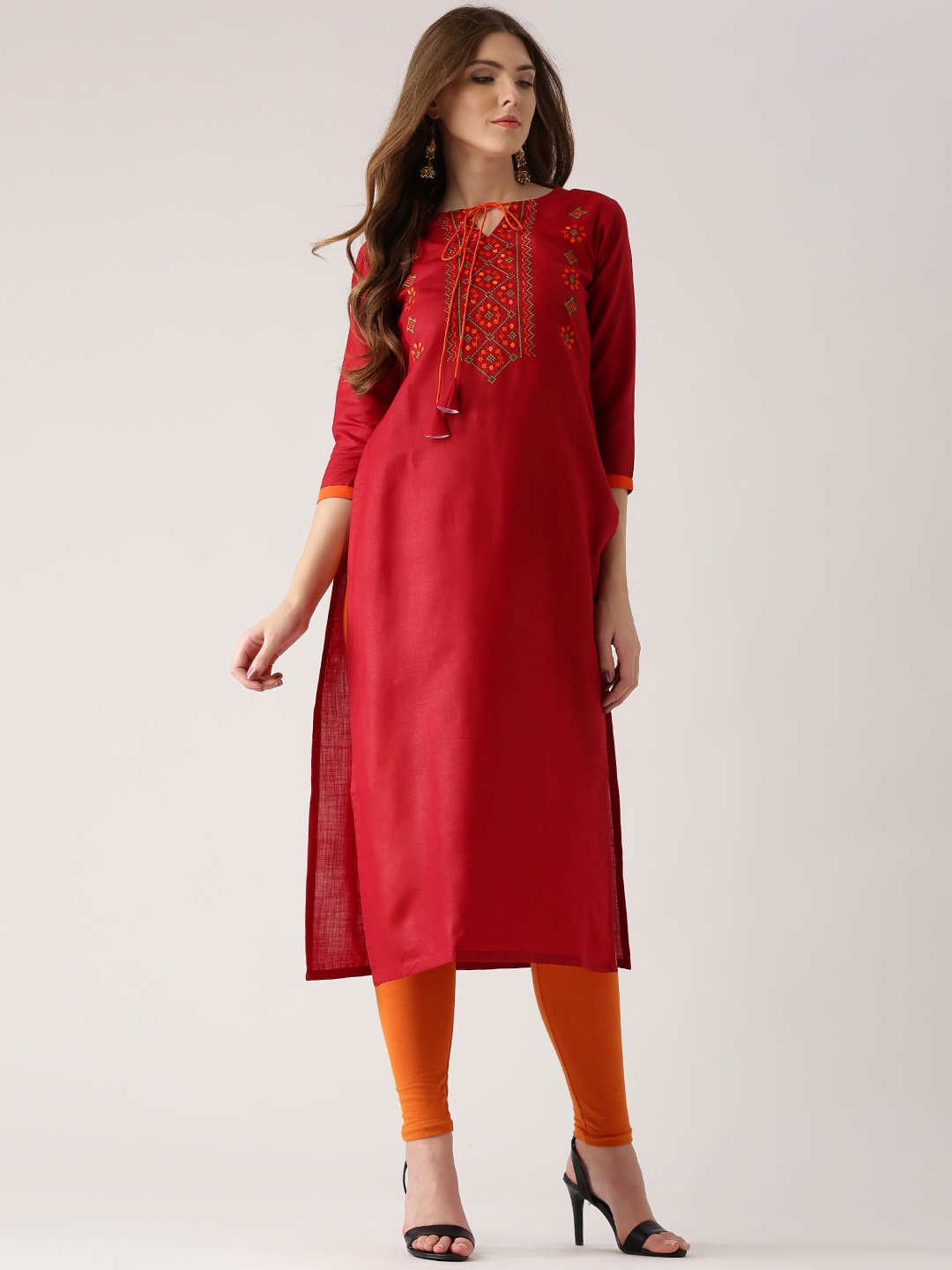 

Libas Women Red Embroidered Straight Kurta