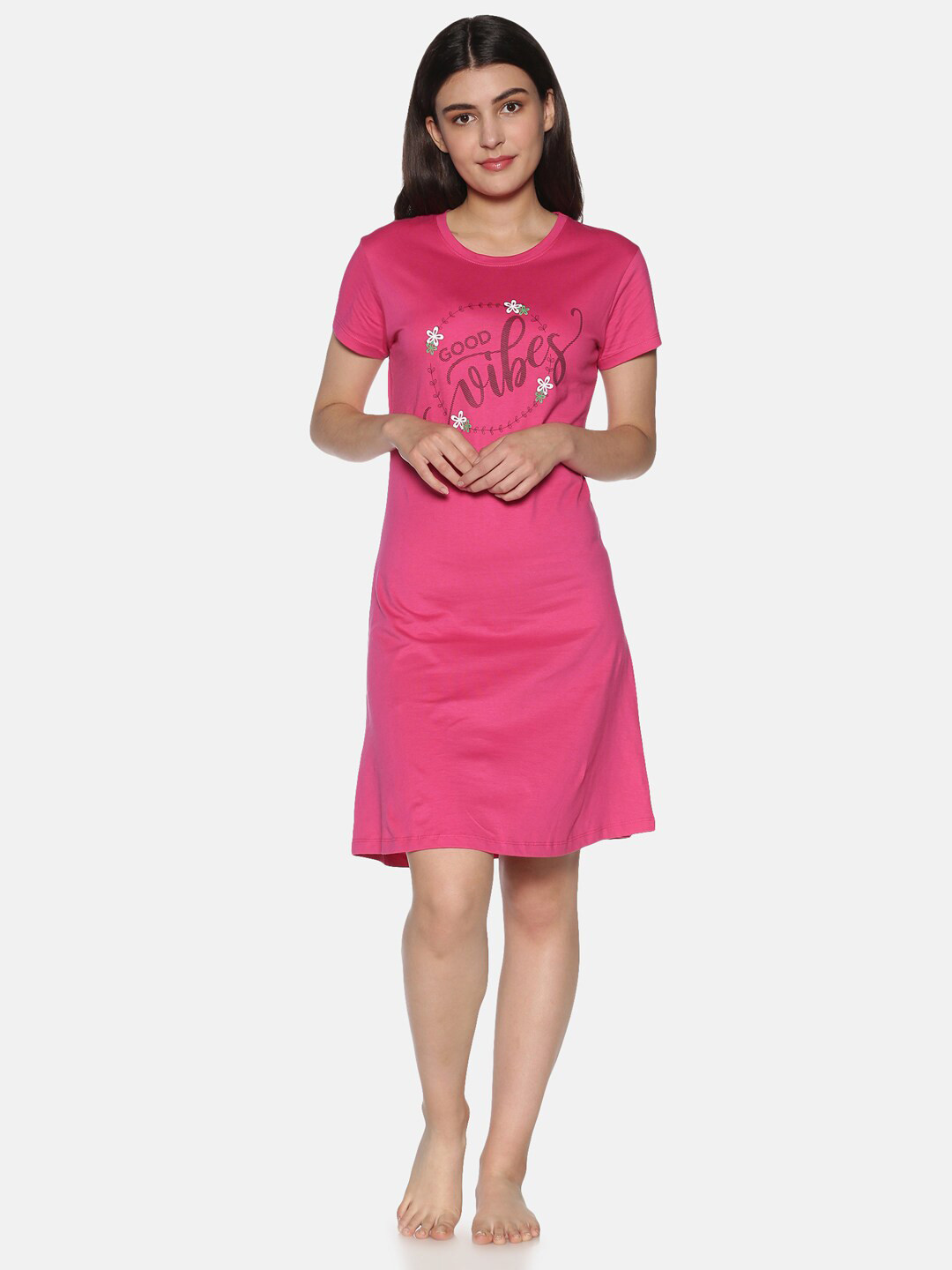 

TWIN BIRDS Pink Printed Pure Cotton Nightdress