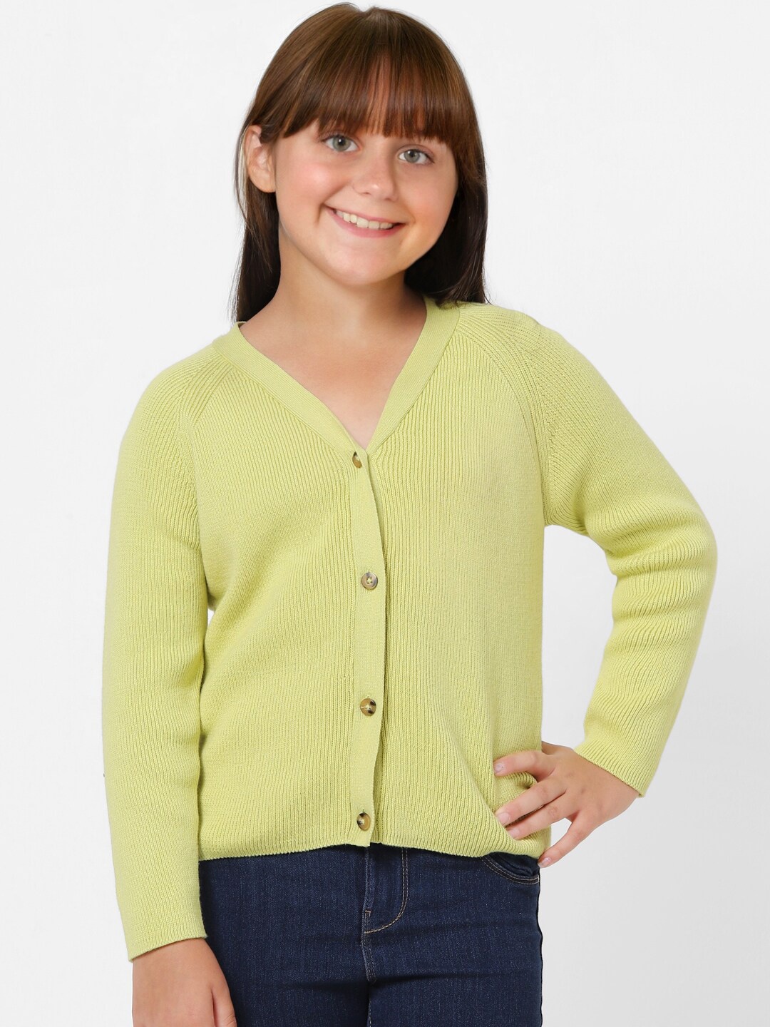 

KIDS ONLY Girls Green Solid Ribbed Cotton Cardigan