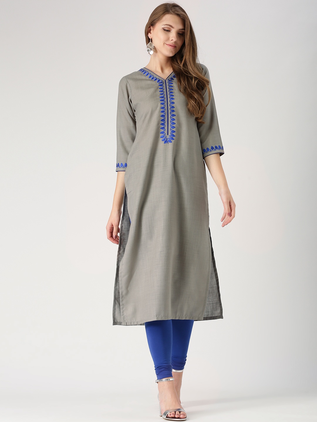 

Libas Women Grey Embroidered Detail Straight Kurta
