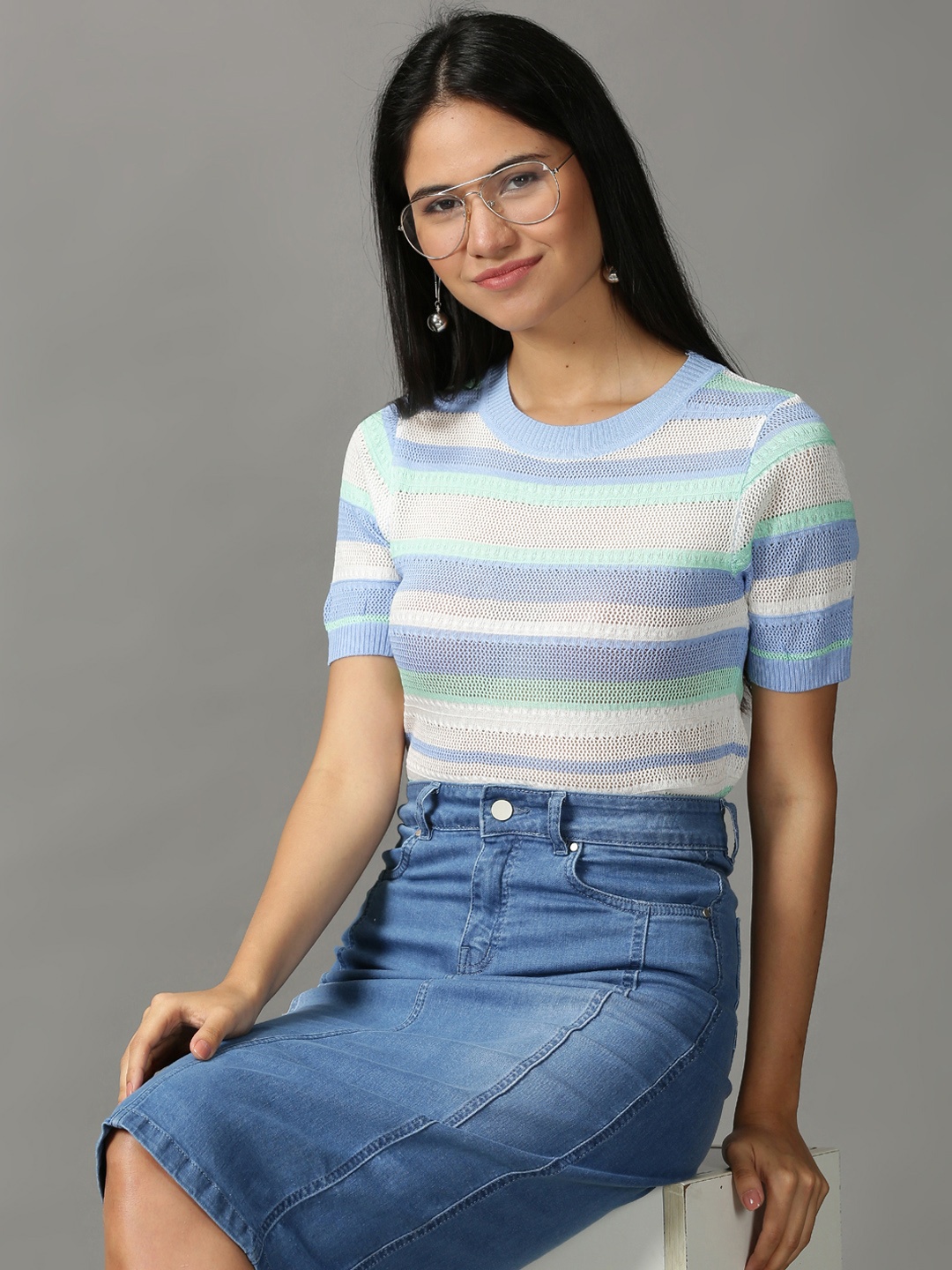 

SHOWOFF Women Blue & Sea Green Striped Wool Top