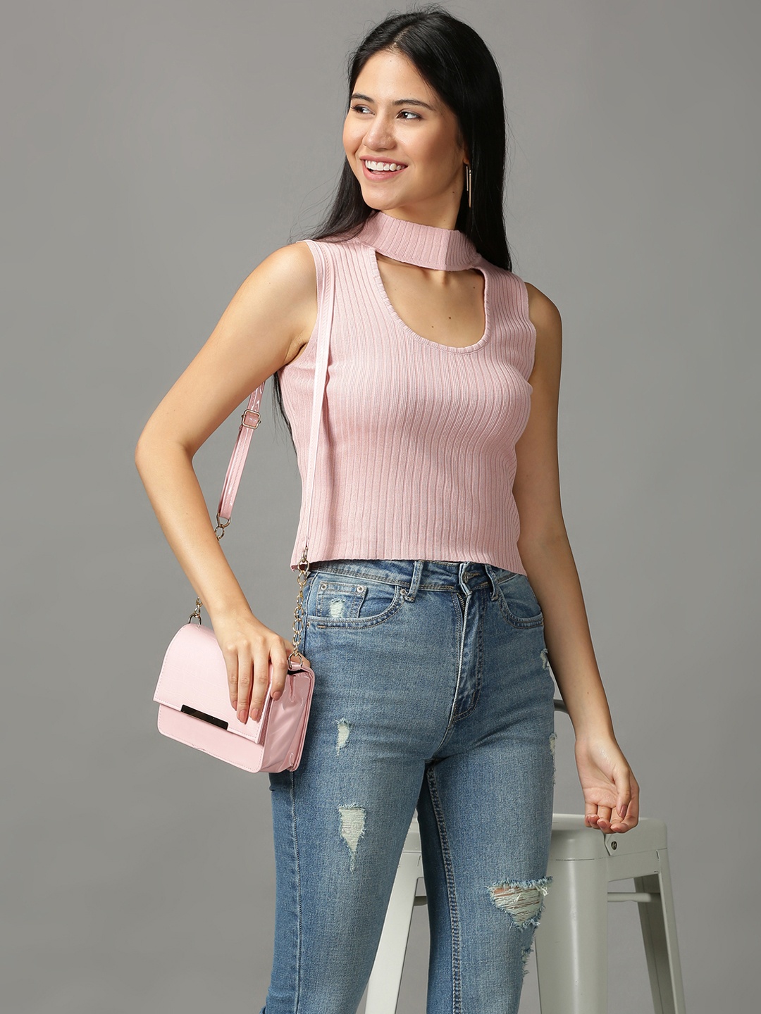 

SHOWOFF Women Pink Striped Choker Neck Fitted Crop Top