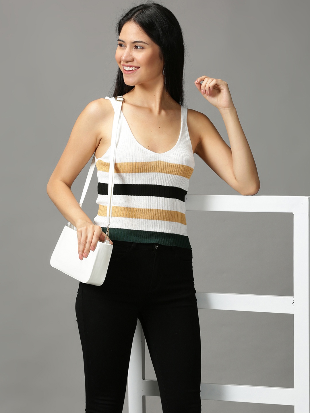 

SHOWOFF Women White & Mustard Striped Tank Top