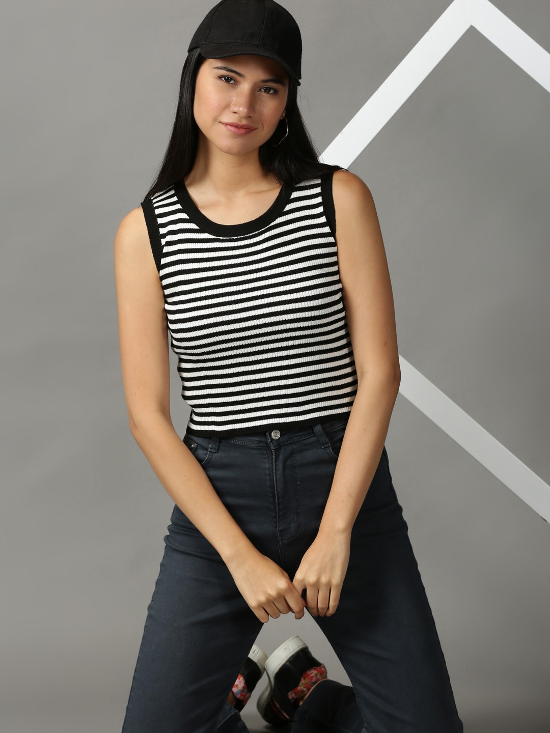 

SHOWOFF Women Black & White Striped Acrylic Top