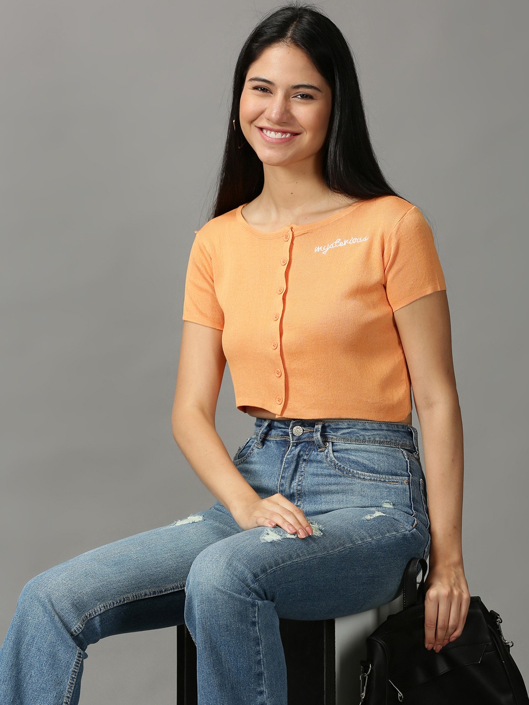 

SHOWOFF Orange Round Neck Crop Acrylic Top