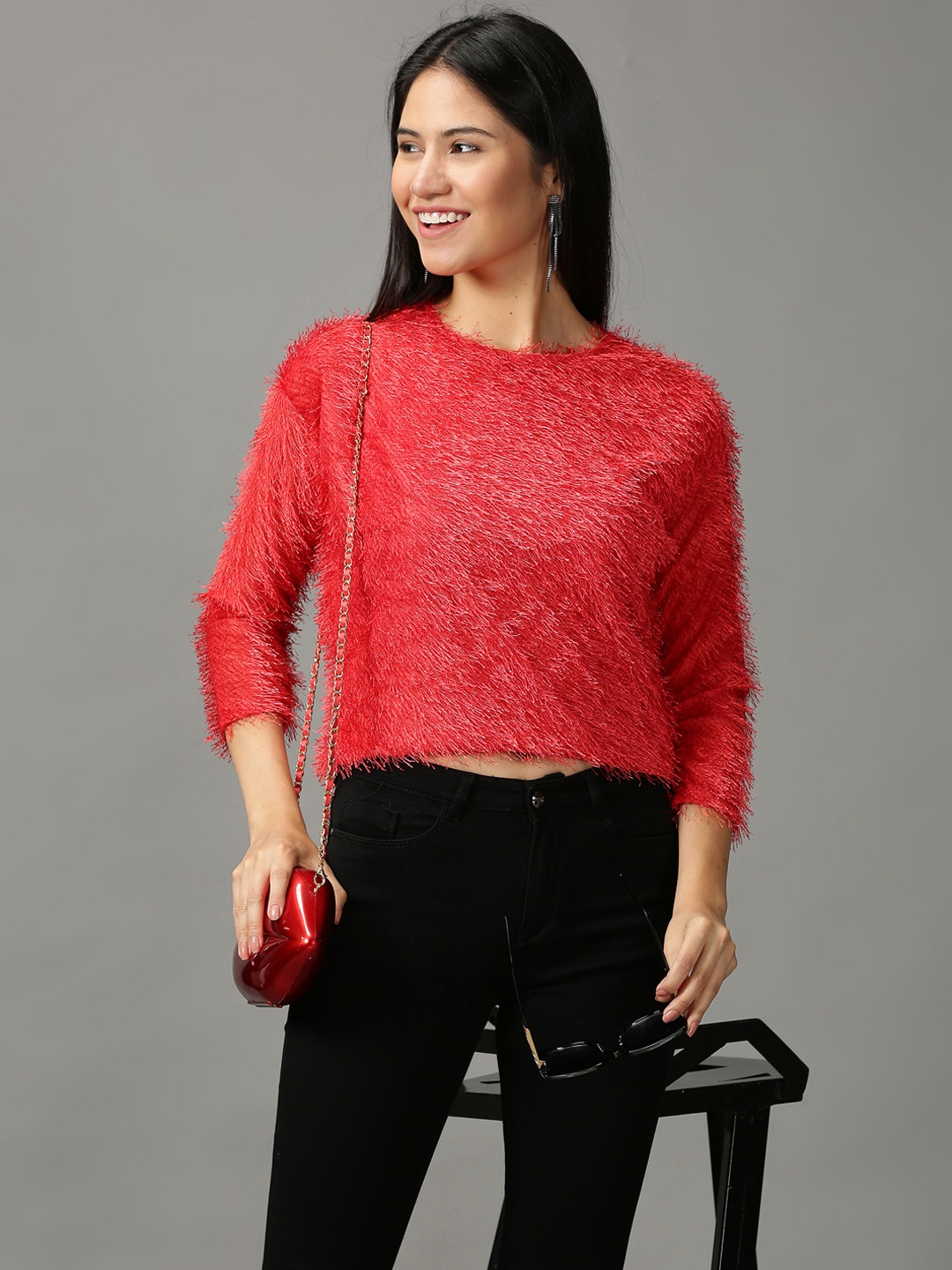

SHOWOFF Red Round Neck Crop Top