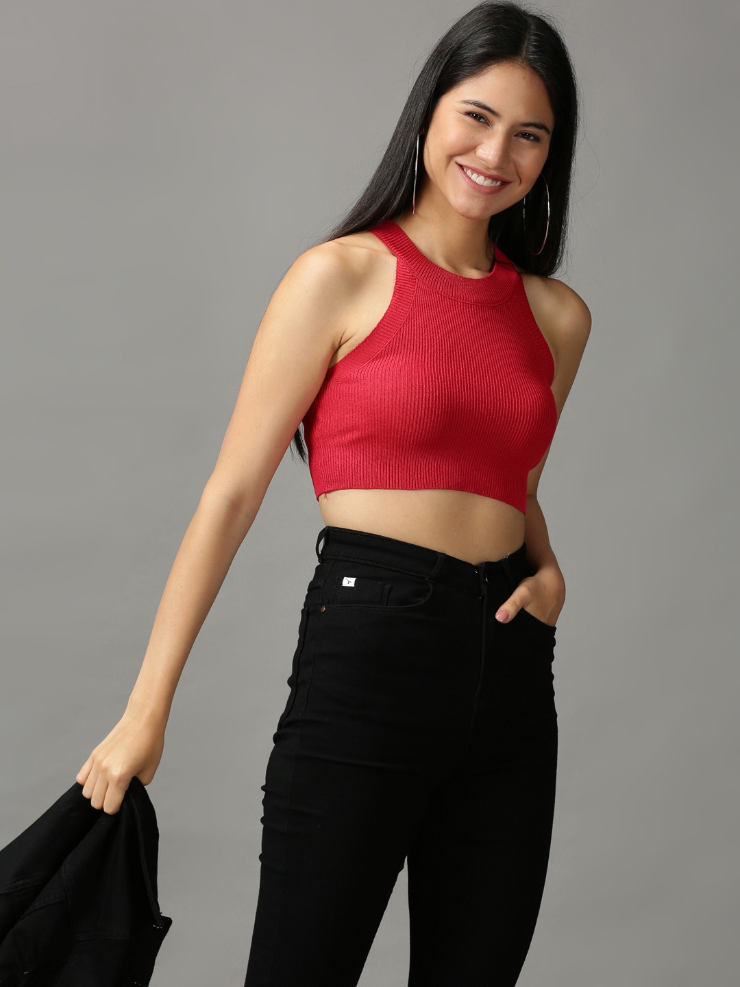 

SHOWOFF Red Solid Halter Neck Crop Top