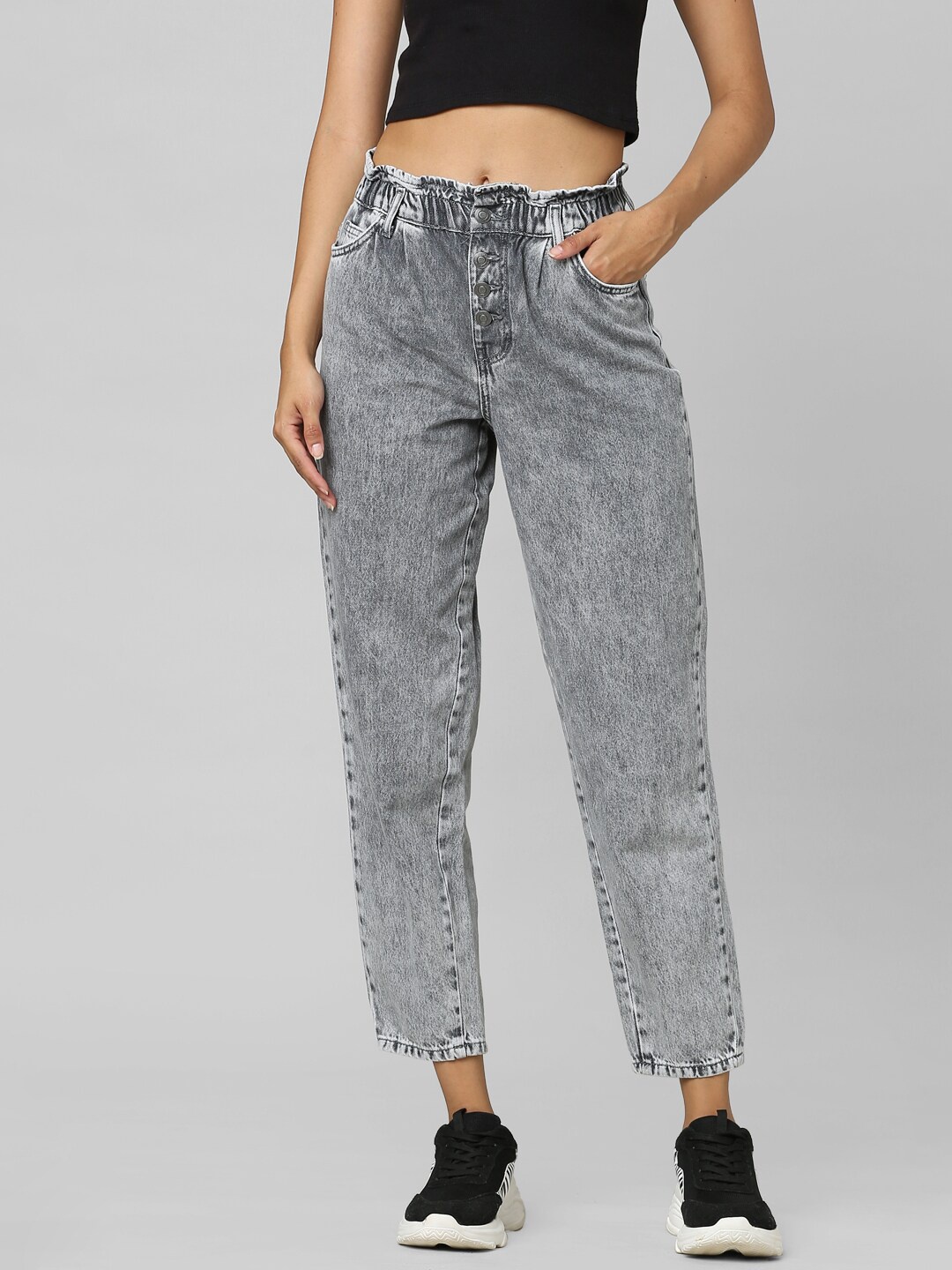 

ONLY Women Grey Straight Fit ONLCUBA HW SLOUCHY DN Heavy Fade Pure Cotton Jeans